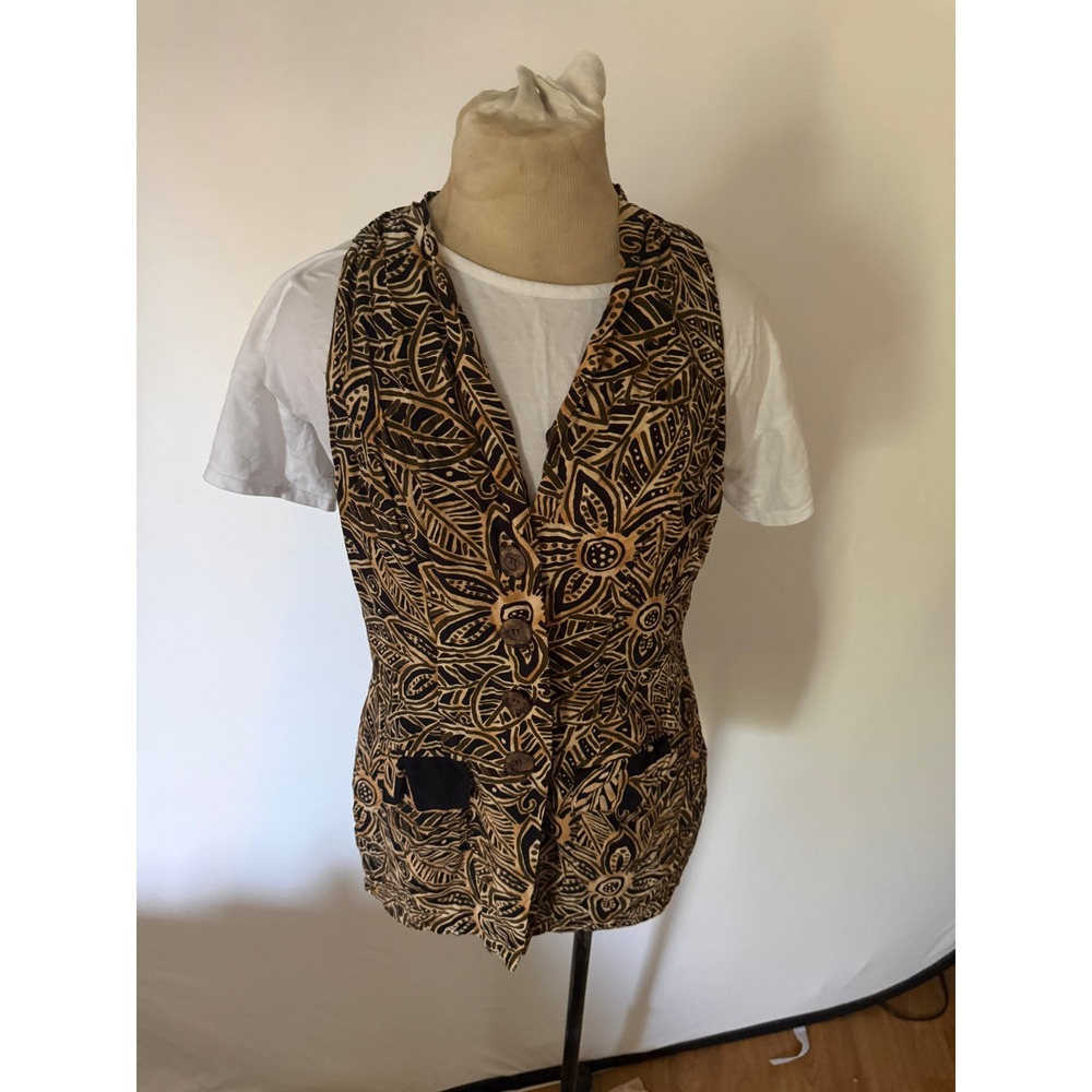 Vintage Traces Batik Floral Longline Vest Brown Tan Size 12 Boho Layering 90's